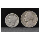 1926 MERCURY SILVER DIME & 1942 JEFFERSON NICKEL