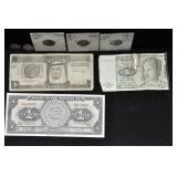 GROUPING: 3 FOREIGN CURRENY NOTES, 1904 BARBER DIM