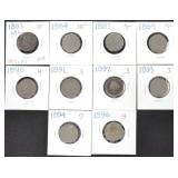 10 LIBERTY "V" NICKELS - 1880