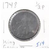 1748 BRITISH KING GEORGE II 1/2P