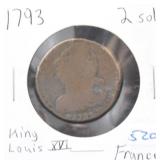 1793 FRANCE KING LOUIS XVI - 2 SOLS