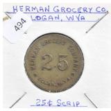 HERMAN GROCERY CO., LOGAN W. VA 25 CENT SCRIPT