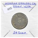 HERMAN GROCERY CO., LOGAN W. VA 5 CENT SCRIPT