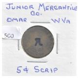 JUNIOR MERCANTILE CO., OMAR W. VA 5 CENT SCRIPT