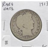 1913 BARBER QUARTER RARE DATE