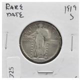 1919 S STANDING QUARTER VF RARE DATE