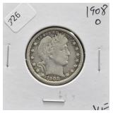 1908 O BARBER QUARTER VF