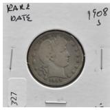 1908 S BARBER QUARTER F RARE DATE