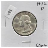 1942 D WASHINGTON QUARTER GEM +