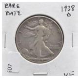 1938 D WALKING HALF DOLLAR VF RARE DATE