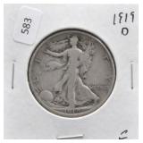 1919 D WALKING HALF DOLLAR F