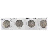 4 WALKING LIBERTY HALVES: 1917-S, 1927-S, 1929-D,