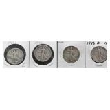 4 WALKING LIBERTY HALVES: 1923-S, 1935, 1938,