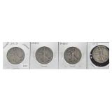 4 WALKING LIBERTY HALVES: 1917, 1918-S, 1928-S,