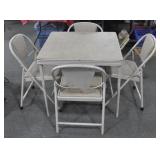 VINTAGE CARD TABLE AND 4 FOLDING CHAIRS