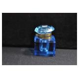 BLUE GLASS INK WELL WITH HINGED LID