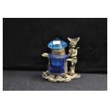 BLUE GLASS INK WELL WITH HINGED LID ON BRASS