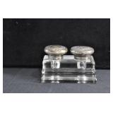 CRYSTAL INK WELL WITH SILVER PLATE TOPS