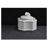 GERMAN CERAMIC INKWELL WITH APPLIED FLOWER LID