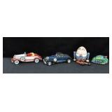 2 TOY DIE CAST CARS, TOY TIN TANK, WOODEN HUMPTY