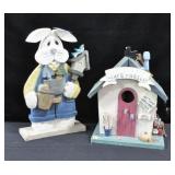 WOODEN BUNNY RABBIT AND "AUNT BIRDIES" BIRD HOUSE