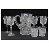 8 1/2" CUT CRYSTAL PITCHER, 4 CUT GLASS GOBLETS, 2