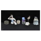GROUPING: PIN CUSHION DOLL, FIGURINE, SHOT GLASS,