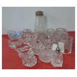 GROUPING: CRYSTAL SALTS, RING DISH, SHAKERS, ETC.