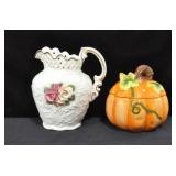 CERAMIC PITCHER/VASE AND PUMPKIN BOWL WITH LID