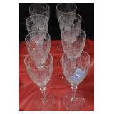 SET OF 8 ETCHED CRYSTAL WINE GLASSES