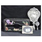 TIN KLEENEX BOX, SILVER PLATE HAND MIRROR, SILVER