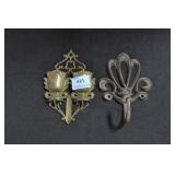 BRONZE WALL POCKET AND CAST IRON COAT HOOK