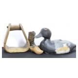 CARVED WOOD DUCK DECOY, WOODEN STIRRUP, BOOT,