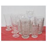 13 CLEAR GLASS TUMBLERS, STEMS, ETC.