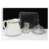 PYREX BAKING DISH, BUTTER DISH, PITCHER AND CRUET