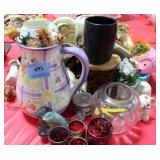 GROUPING: PITCHER, SHOT GLASSES, CANDLES, ETC.