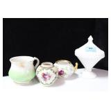 MILK GLASS COVERED COMPOTE, LIMOGES SUGAR, ETC.