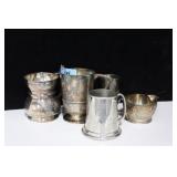 4 SILVER PLATE MUGS AND CUPS AND 1 SILVER PLATE
