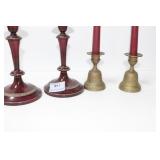 2 PAIRS OF CANDLE STICKS: BRASS BELL AND WOODEN