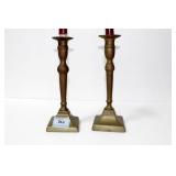 PAIR SQUARE BASE BRASS CANDLESTICKS - 9 1/2"