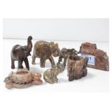 GROUPING: ELEPHANT FIGURINES, PETRIFIED WOOD,