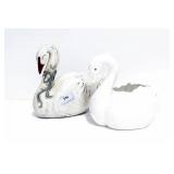 CARVED WOODEN SWAN AND CERAMIC SWAN PLANTER