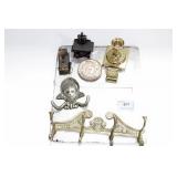 GROUPING: BRASS COAT HOOK, CANDLE STICK, LUCKY