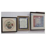 FRAMED QUILT PIECE, FRAMED CROSS STITCH VERSE AND