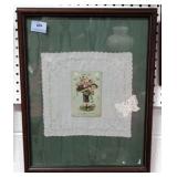 VINTAGE GREETING CARD ON FANCY HANKIE - FRAMED