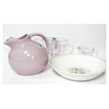 CERAMIC BALL PITCHER, 2 FIRE KING MEASURING CUPS A