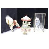 CAROUSEL HORSE MUSIC BOX, DECORATIVE EGG IN CASE,