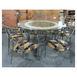 IRON BASE/GLASS TOP DINETTE SET WITH 6 IRON CHAIRS