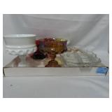FOSTORIA DIVIDED DISH, FENTON VASE, CARNIVAL