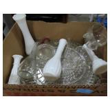 MILK GLASS VASES, GLASS TRAYS, ETC.